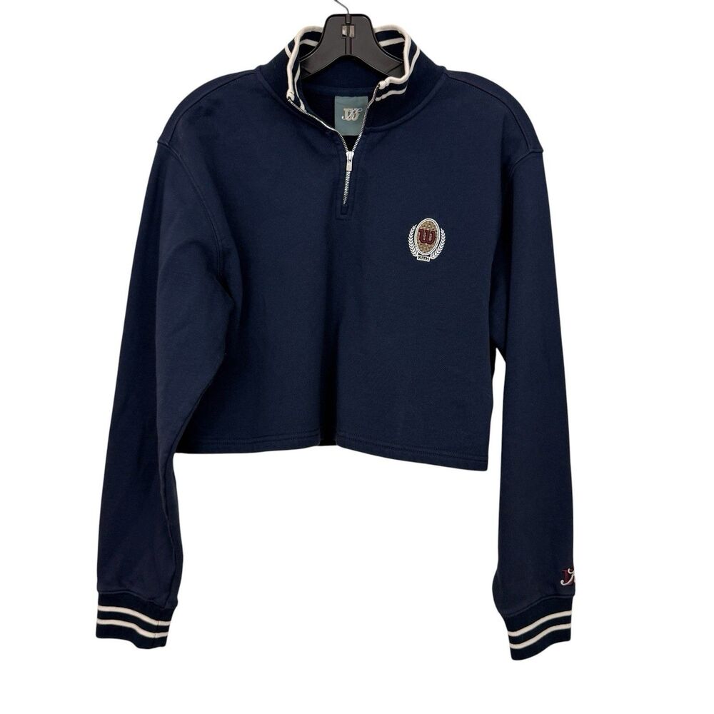 Kith x Wilson Cropped Sweatshirt Quarter Zip Pullover Womens Sz Medium Navy Blue - Picture 2 of 14